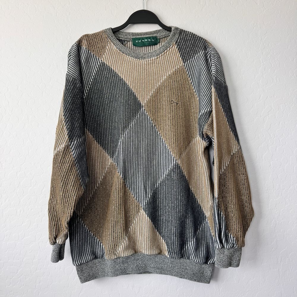 Tundra Canada Large Argyle Sweater Knit Pullover Crew Neck Neutral Gray Tan